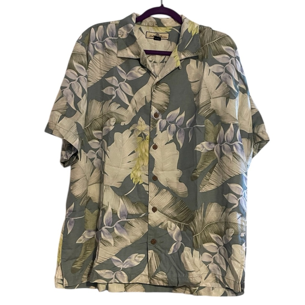 Tommy Bahama 100% Silk Hawaiian‎ Camp Shirt Mens Large Green Palm Leaf Tropical